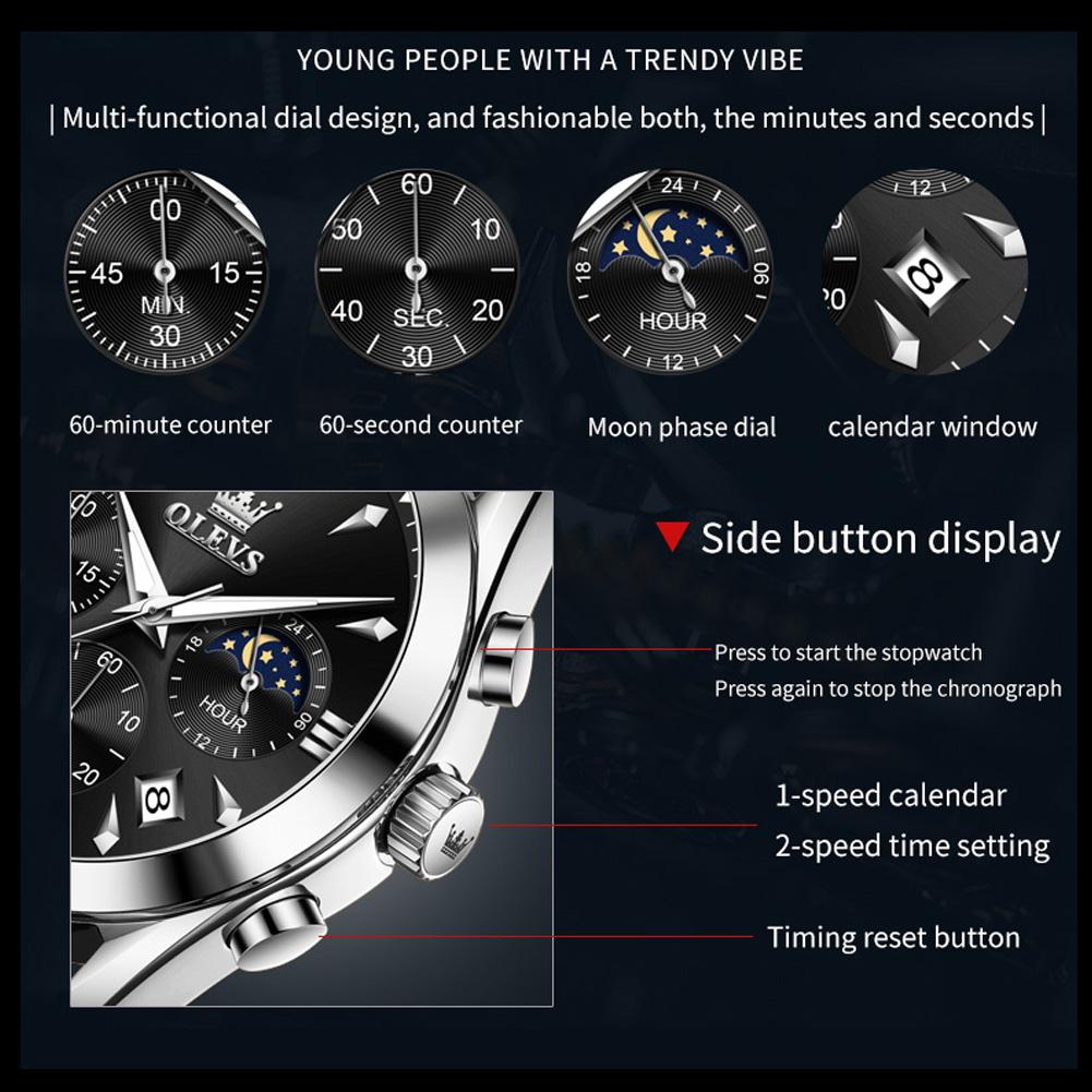 OLEVS Moon Phase Chronograph Man Watch Leather Strap Waterproof Luminous Luxury Brand Original Quartz Wrist Watches for Men 3609
