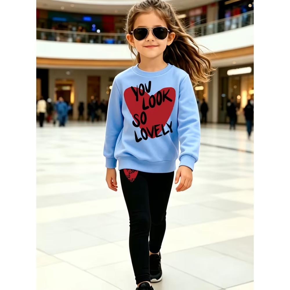 Girls' Love Slogan Print Casual Comfortable Soft Loose Pullover Sweatshirt and Leggings 2-Piece Set, New Autumn/Winter, Playful, Sweet and Cool Style