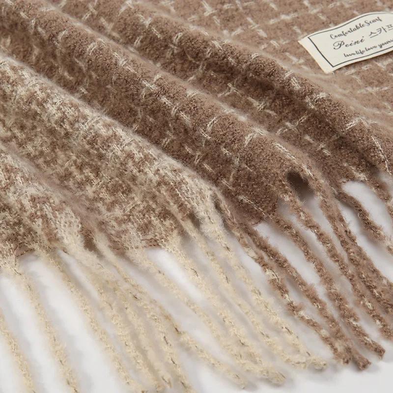 Elegant Retro Plaid Imitation Cashmere Winter Women's Knitted Designer Scarf Thickened Plush Neck Warmer Shawl Patchwork Colors