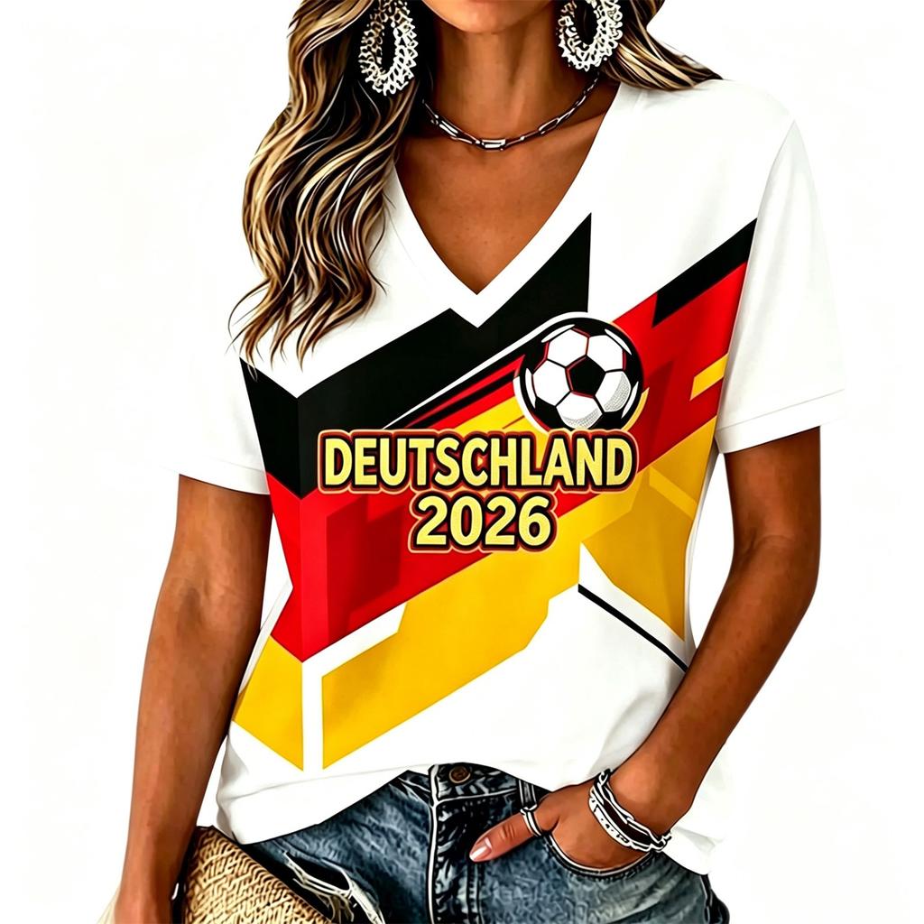 Women V Neck T Shirt Short Sleeve Casual Tee Top Germany Inspired Graphic Print Lightweight Summer Blouse
