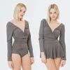V-neck Gray Ribbed Long-sleeved Swimsuit Skirt Set