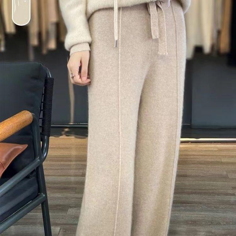 Knitted Pants Women Spring and Autumn High Waist Elastic Drape Drawstring Loose Casual Mopping Pants Straight Wide Leg Pants