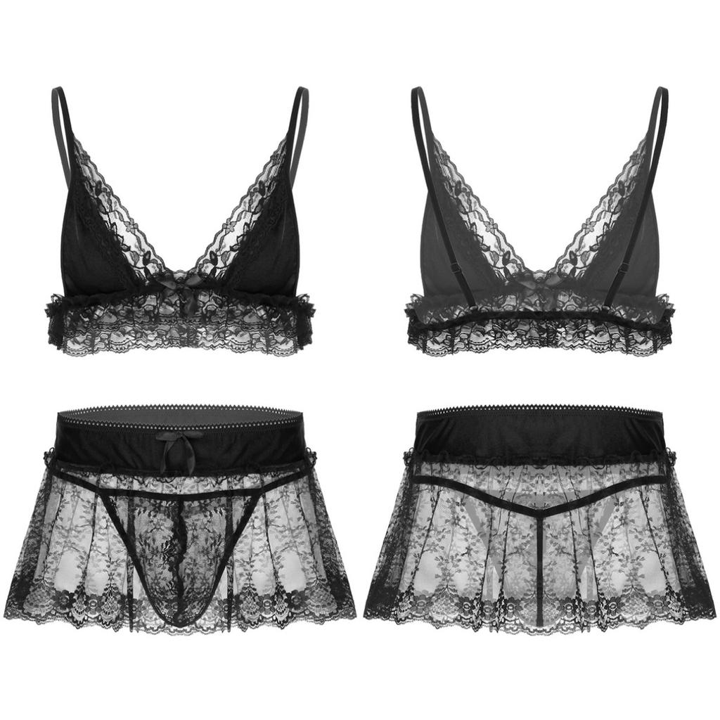 Mens Lingerie Bra Set Ruffles Lace Nightie Dress Sissy Panties Nightwear Crossdress Bra