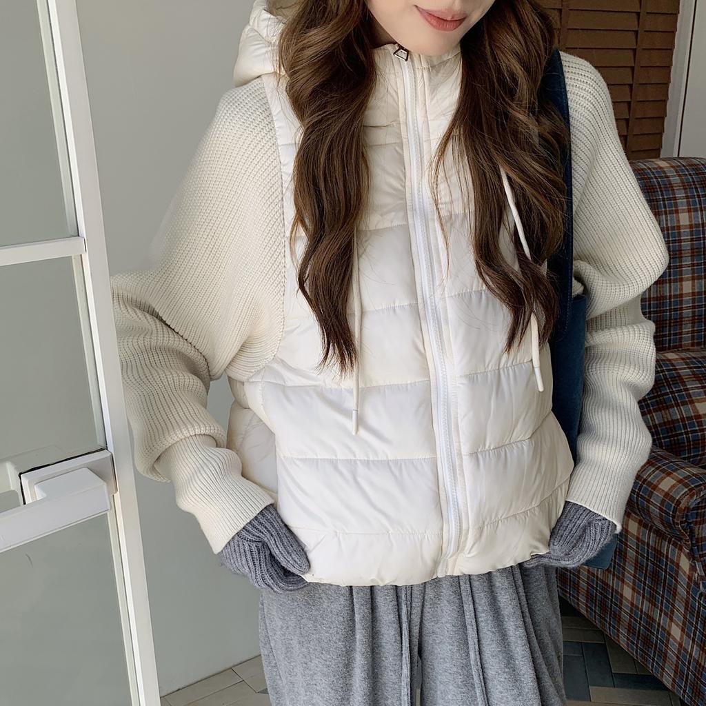 Light and thin knitted splicing cotton-padded clothes women's short hooded winter new cotton-padded clothes and cotton-padded jackets