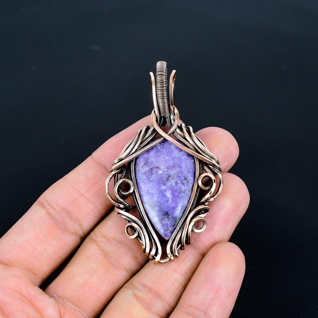 Подвеска из лепидолита, Драгоценный камень, Ювелирная подвеска, обернутая медной проволокой 999 пробы, Ювелирное изделие ручной работы, Подвеска с камнем-талисманом, Подарок для него
