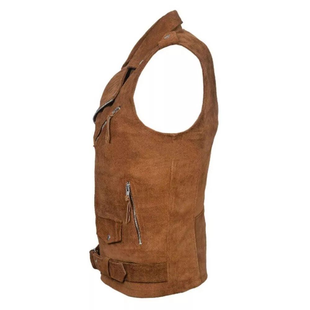 Коричневый замшевый мужской жилет из натуральной овчины, стильный жилет в стиле вестерн, пальто, куртка