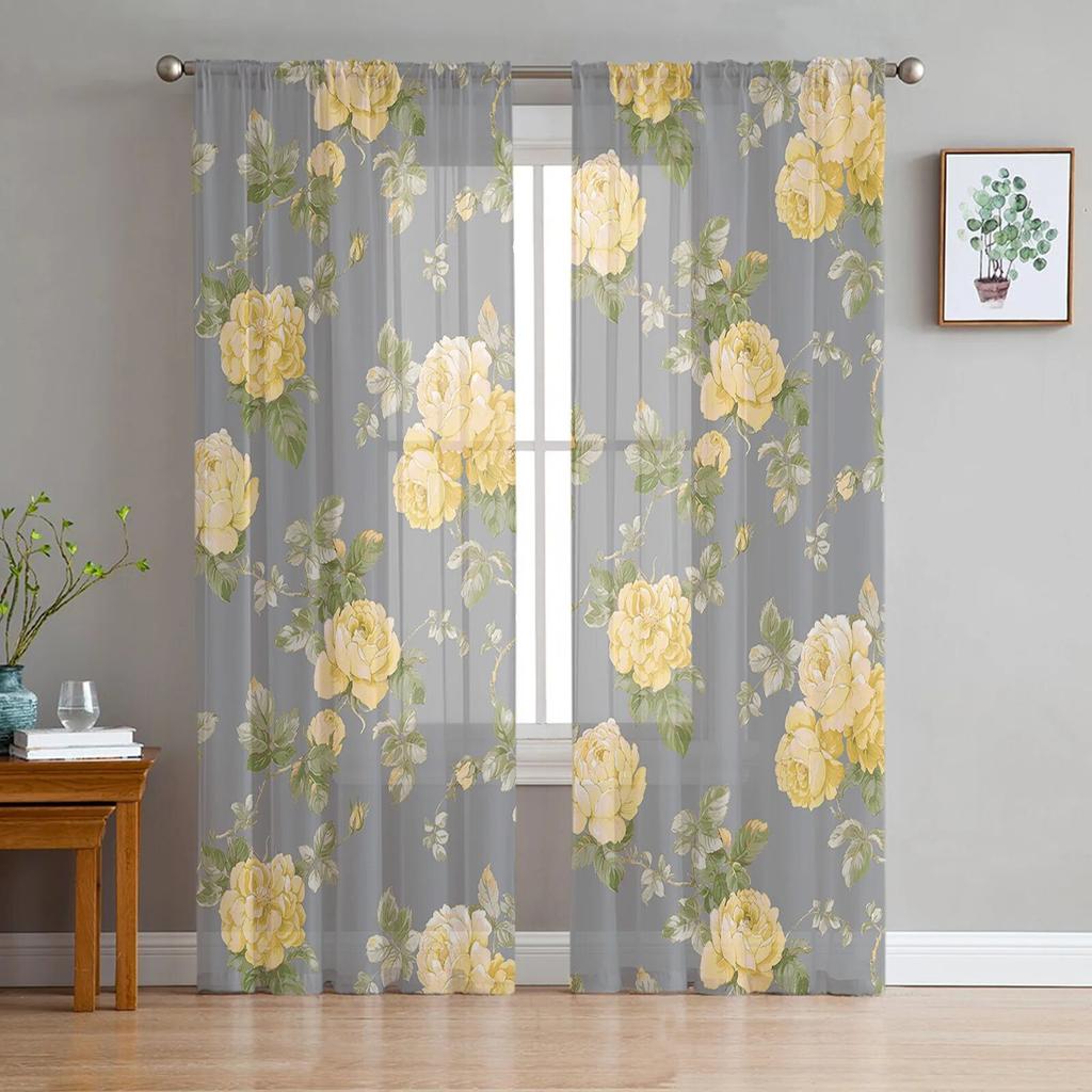 Pink Watercolor Flowers Retro Window Tulle Curtains for Living Room Bedroom Hotel Luxury Decoration Sheer Curtains