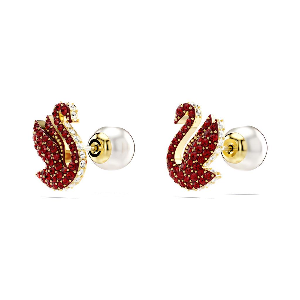 Swarovski Серьги с имитацией жемчуга и кристаллами, покрытие золото, декор в виде лебедя, женские, красные 5677597
