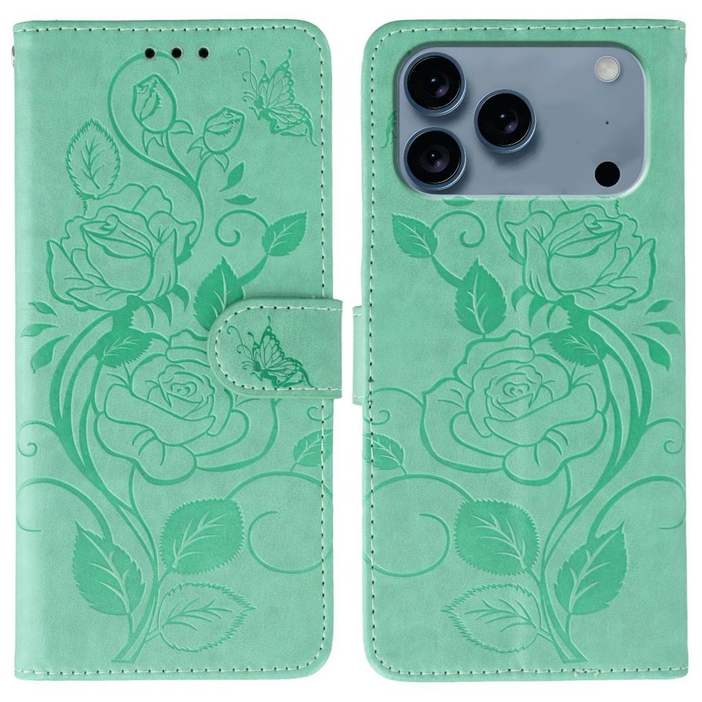 For iPhone 17 Pro Max Case Wallet Stand Imprinted Rose Butterfly PU Leather Phone Cover