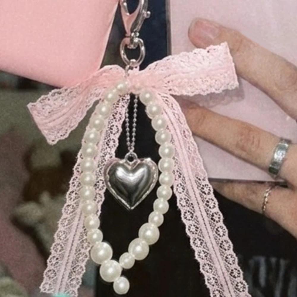 Zinc Zinc Alloy Pearl Keychain Heart Clasp Hanging Keyring Girlish Bow Bag Pendant Handbag Decoration