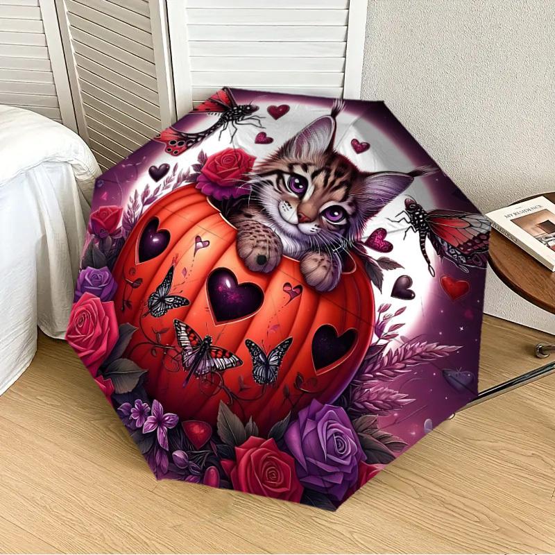 1pc Halloween Pumpkin Cat Automatic Open/Close Umbrella, Folding Compact Umbrella with Lightweight Design for Women/Men yy251011087