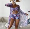 Swimsuit Women's Split Three Piece Set High Waist Long Sleeve Ins Overshirt Drawstring Printed Bikini Suits