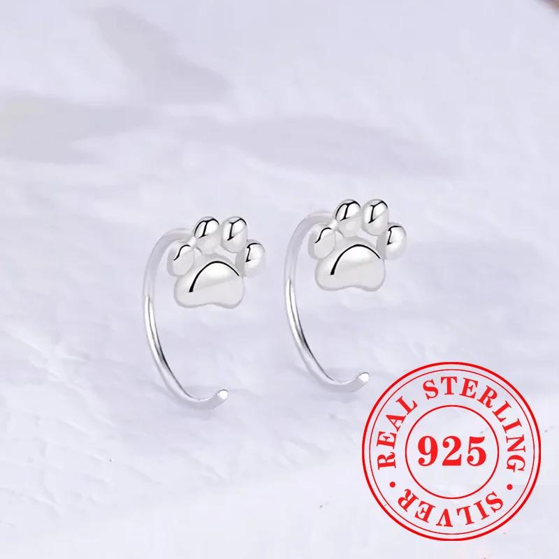 Sweet Shiny White CZ Heart Pierced Earrings for Girls Sterling Silver Cute Pet Paw Prints Jewelry Daily Party Jewelry