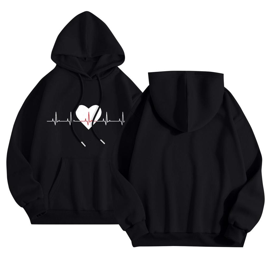 Женский повседневный комфортный плюшевый свитер с длинным рукавом и свободным воротом с капюшоном и принтом Heart Beat