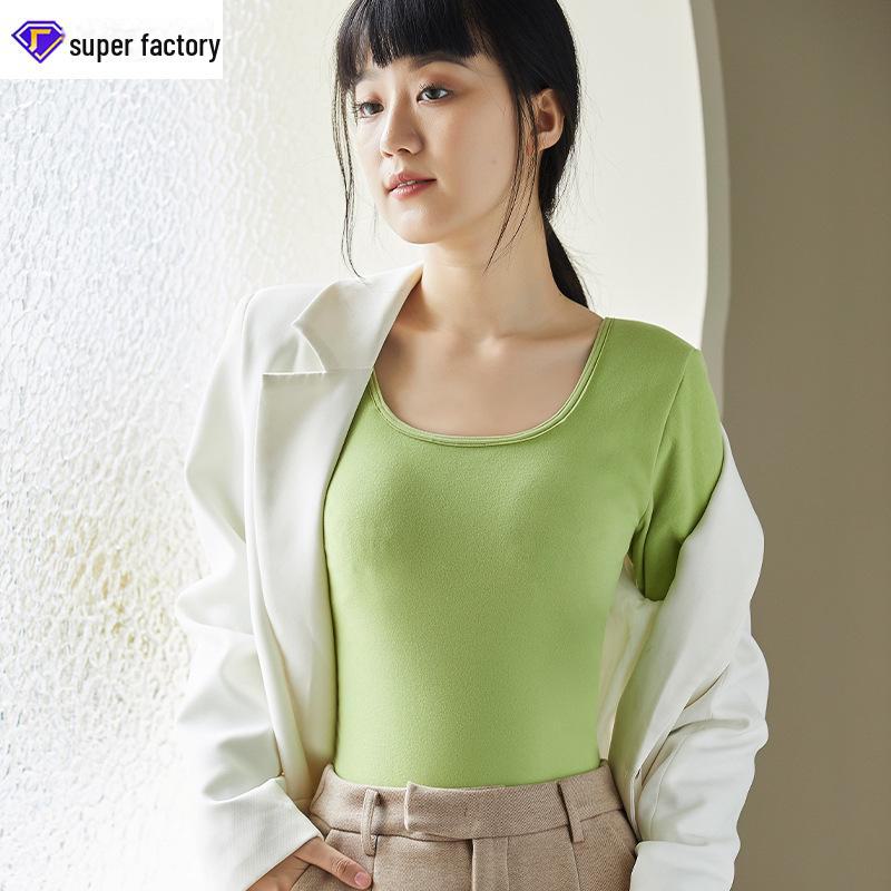 Женский термотоп из немецкого бархата с длинными рукавами и нагрудной накладкой, бесшовный, с круглым вырезом, большой размер