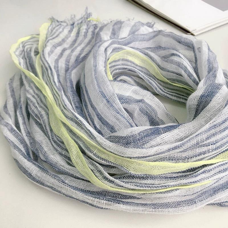 New Pure Linen Blue Striped Scarf for Women Fringed Men's Business Casual Dcorative Soft Linen Scarf