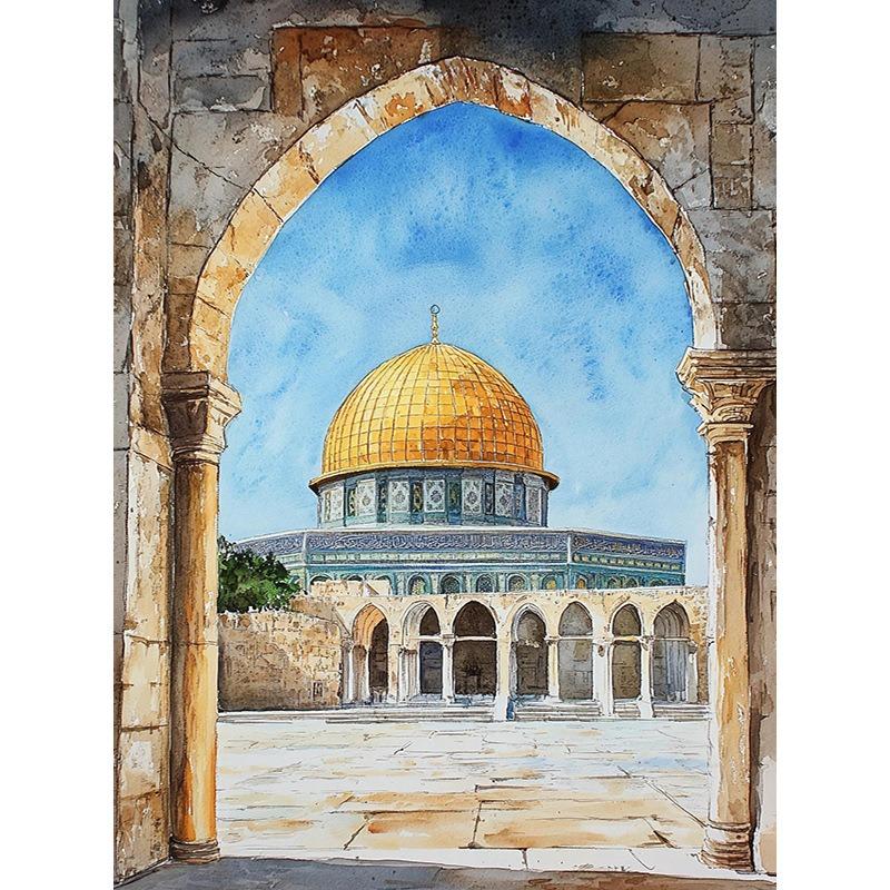 Al-Aqsa Mosque Kaaba Islamic Canvas Poster Watercolors Decorative Painting Modern Pictures Living Room Home Decor Cuadros