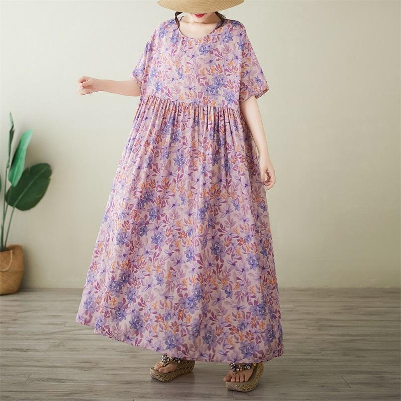 Новое хлопковое винтажное платье с цветочным принтом больших размеров с коротким рукавом для женщин, повседневное свободное длинное летнее платье