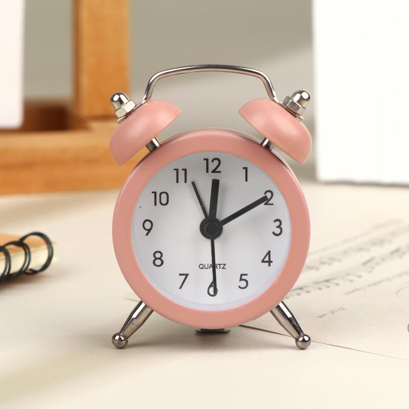 Mini Retro Twin Bell Alarm Clock Metal Frame Loud Wake Up Timer Compact Small Desk Ornament for Student Dorm Bedroom Bedside Use
