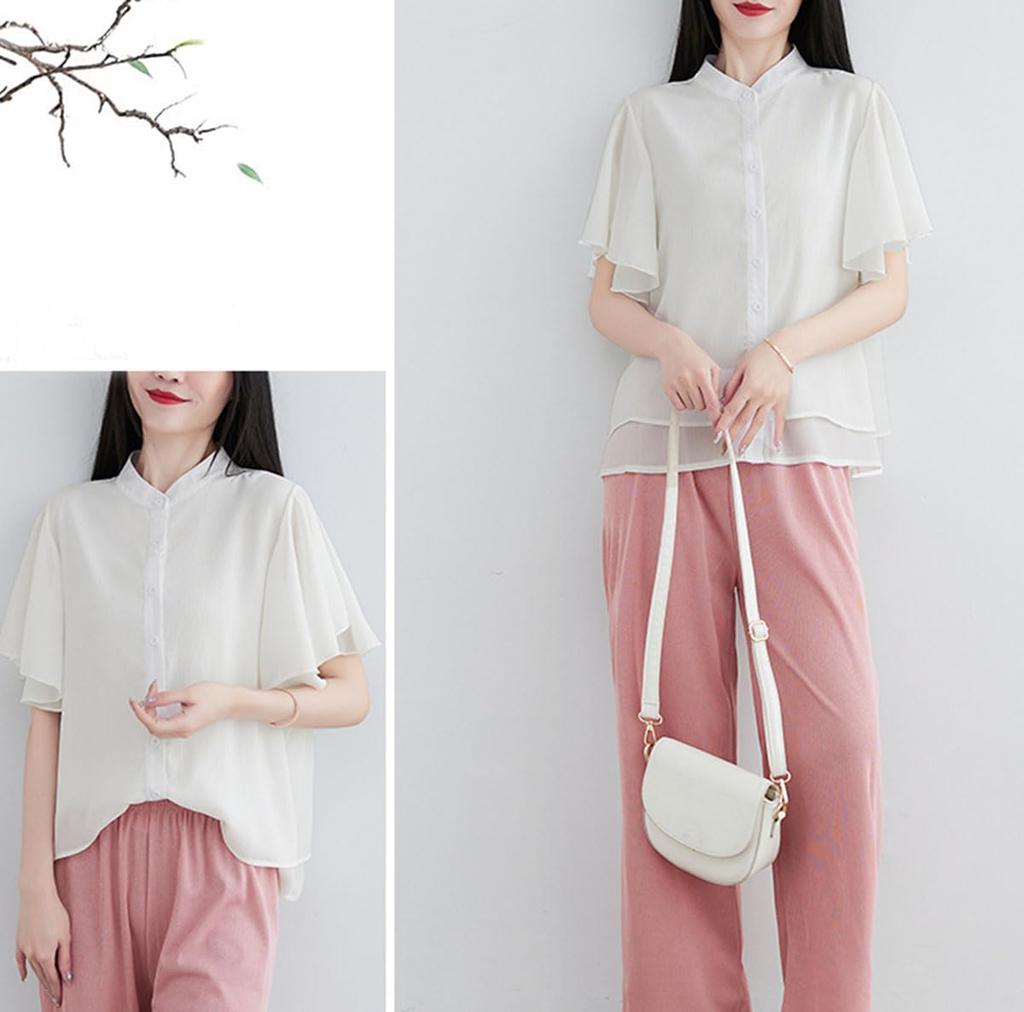 Рубашка для полных, свободного кроя, большого размера [EASTEMPO] Женская, Рукав, Лето, Стильная, Шифон, Посадка, Офис, Тонкая, Однотонная, (JP, Алфавит, L, Белый)