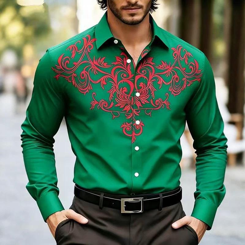 Mens Casual Loose Long Sleeve Retro Pattern Printed Breathable Shirt