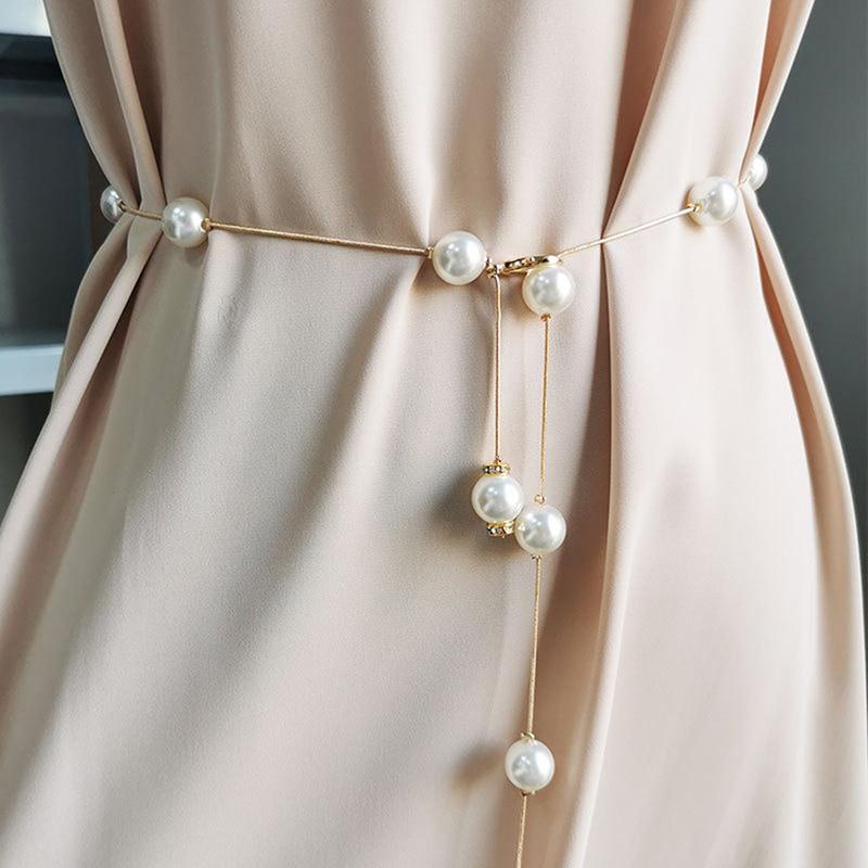 Pearl Women'S Belt Thin Chain Belt For Ladies Dress Skinny Waistband Decorative