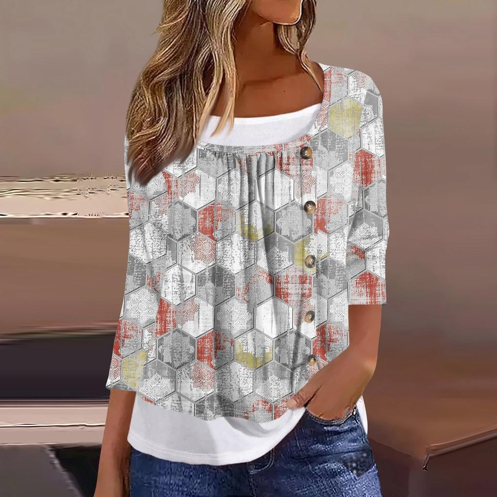 Women's T Shirt Tee Print 3/4 Sleeve Fake Two Pieces Daily Weekend Fashion Basic Regular Top