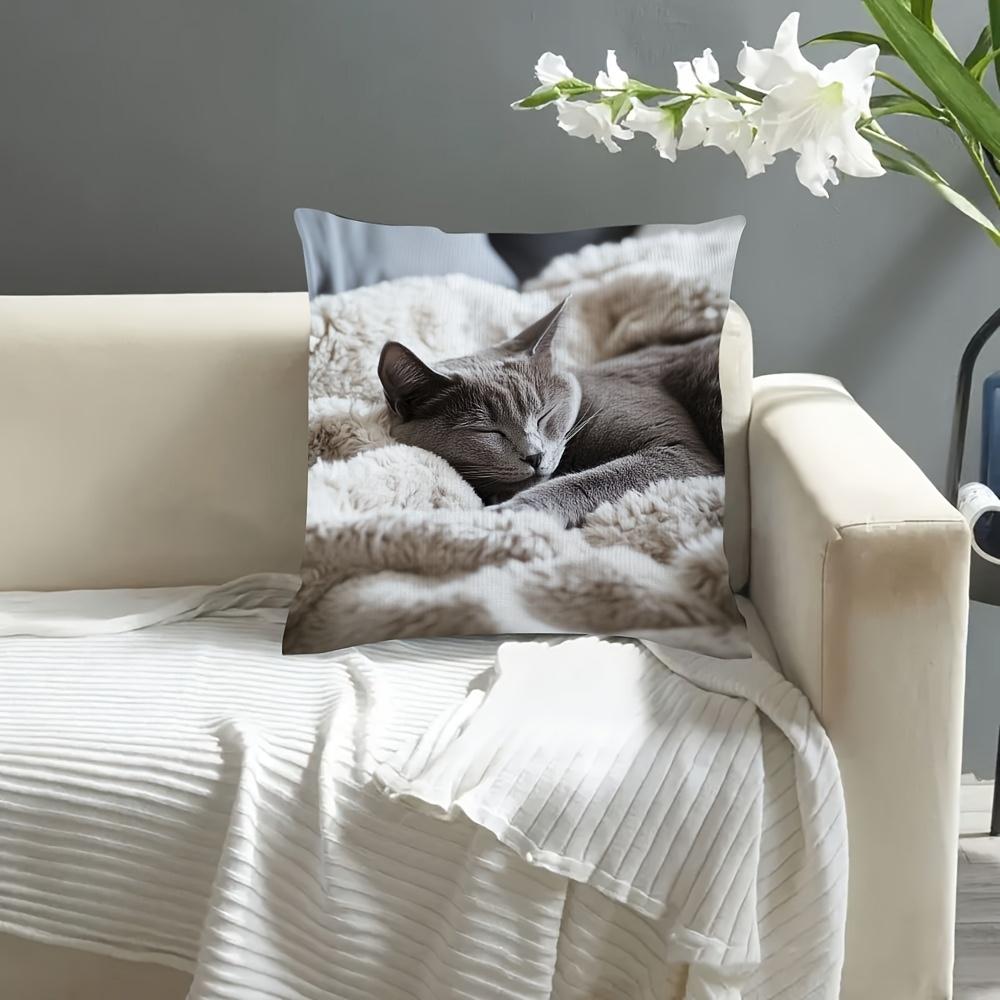 1pc Pillowcase, Sleeping Russian Blue Cat on a Soft Blanket Pillowcase, Soft And Smooth Texture Polyester Short Plush Fabric, Single-Sided Printed Pat
