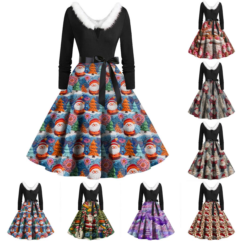 Women's Fashion Round Casual Slim Fit Christmas Print Large Swing Long Sleeve Dress