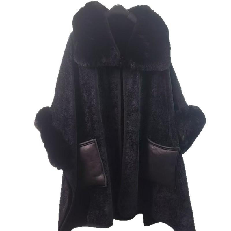 Женский oversized вязаный кейп с воротником из искусственного меха рекс Длинная теплая шаль-пальто Зимний