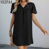 Женская мода лето весна однотонный принт с коротким рукавом и v-образным вырезом свободная талия повседневные платья