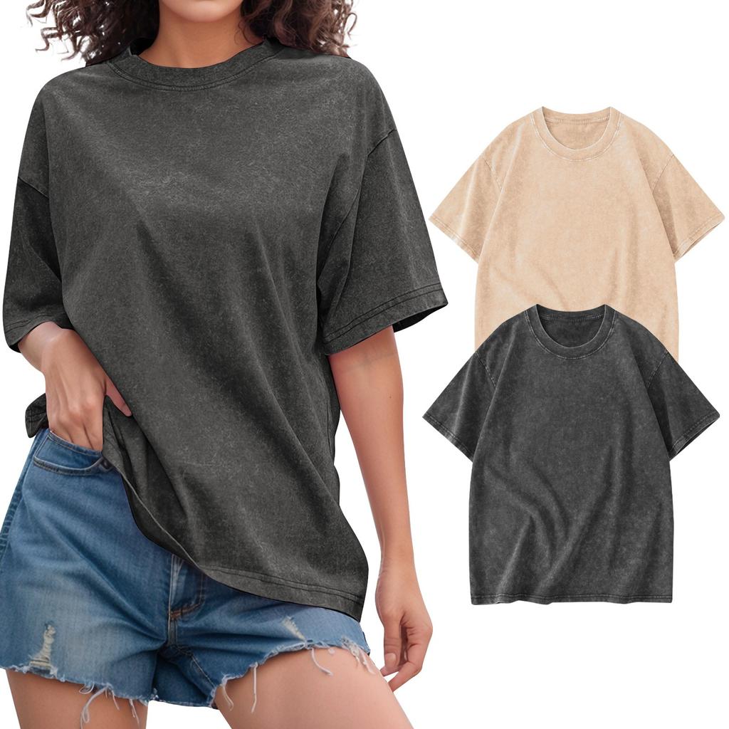 2PC Unisex T-shirt Casual Loose Solid Color Round Neck Pullover Short Sleeve T-shirt Top
