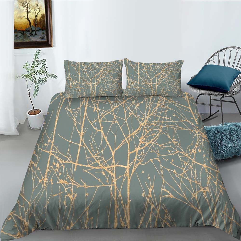 Branch Print Quilt Cover Pillowcase 2 or 3 Pieces of Plant Bedding Set Single Bed Double Bed Full Size Washable Zippered Bedding