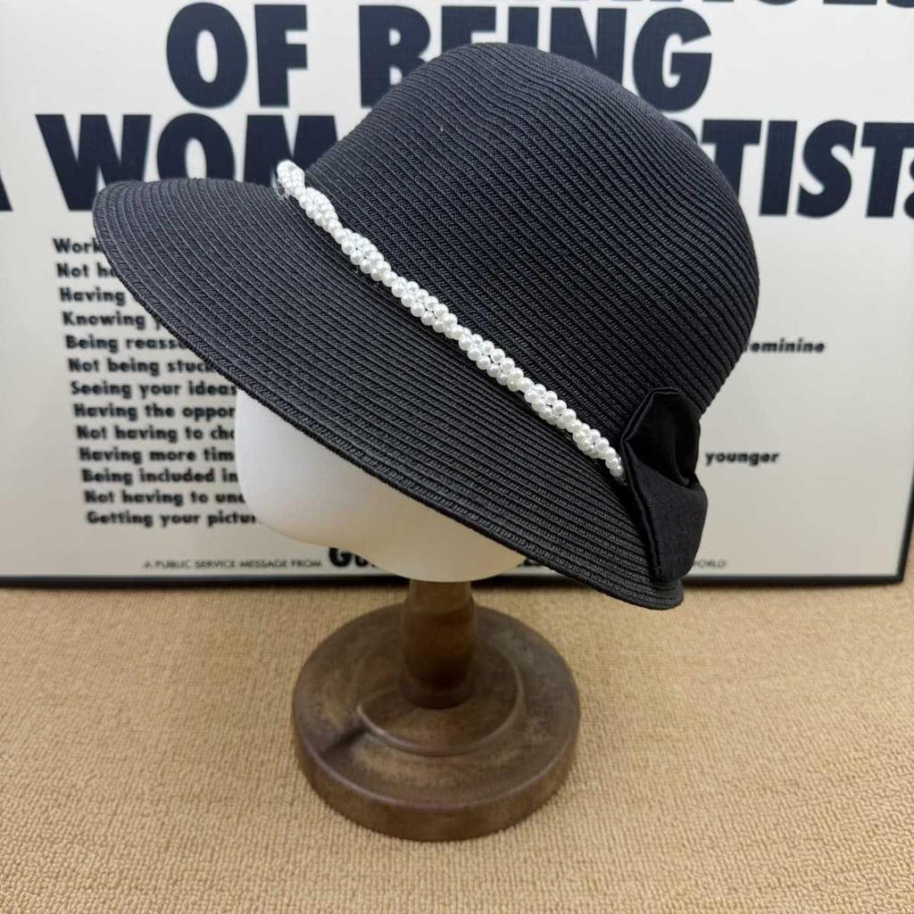 French retro pearl bow straw bucket hat women's summer big brim sunscreen hat sunshade straw hat temperament sun hat