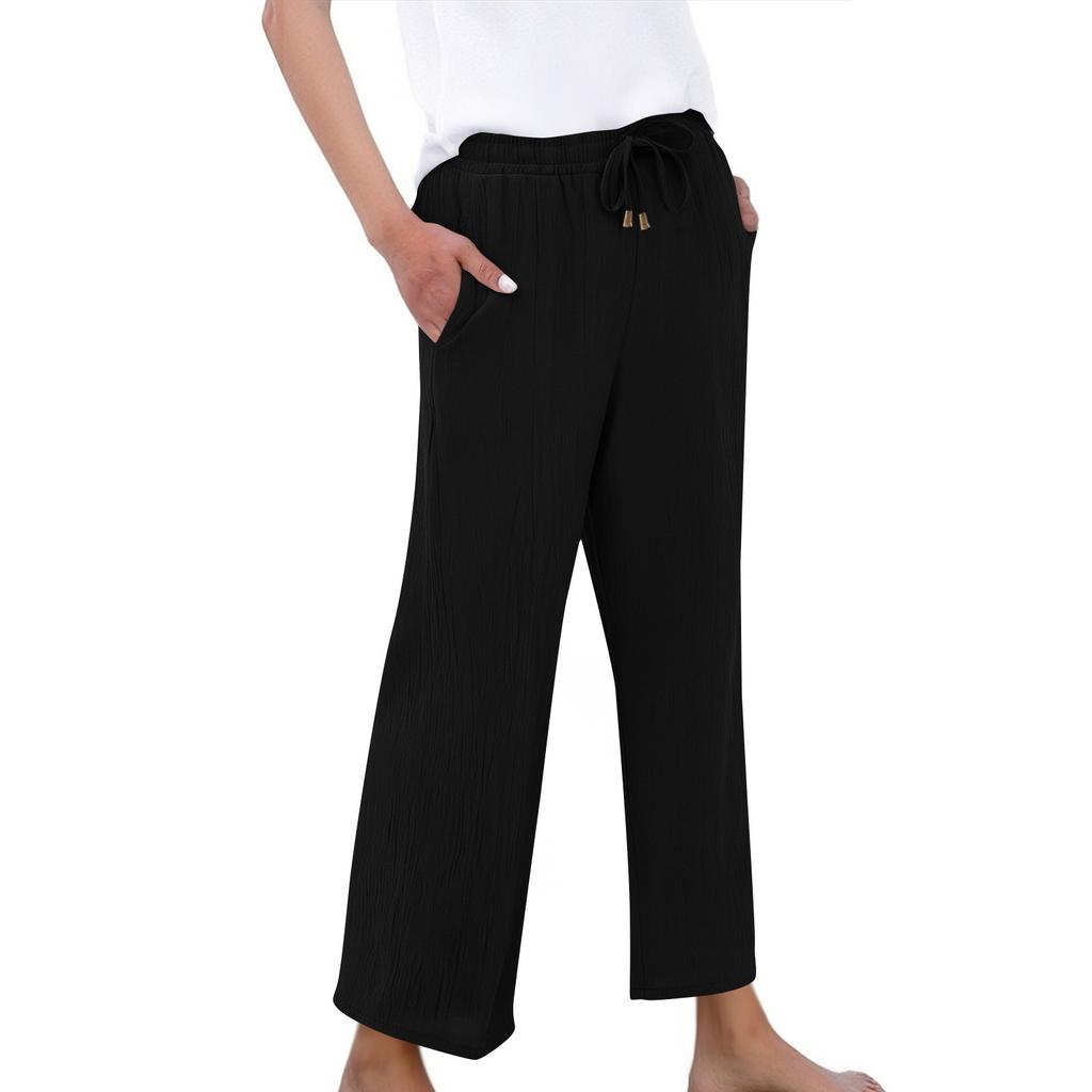 Women's High Waist Adjustable Knot Flowy Cotton And Linen Trousers Wide Leg Pants