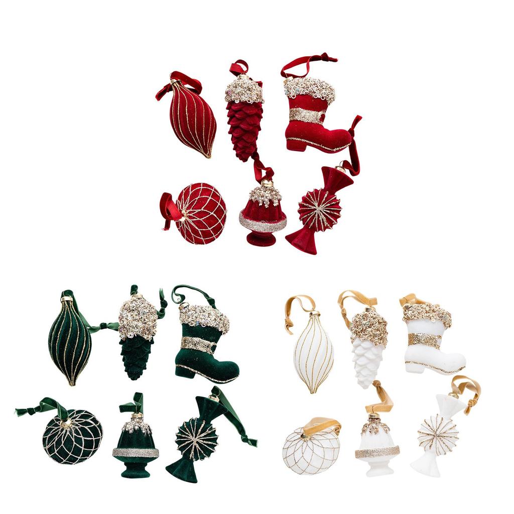 6x Christmas Tree Hanging Ornaments with Flocking Candy Pinecone Boot Xmas Tree Pendants Baubles for Holiday Party Thanksgiving