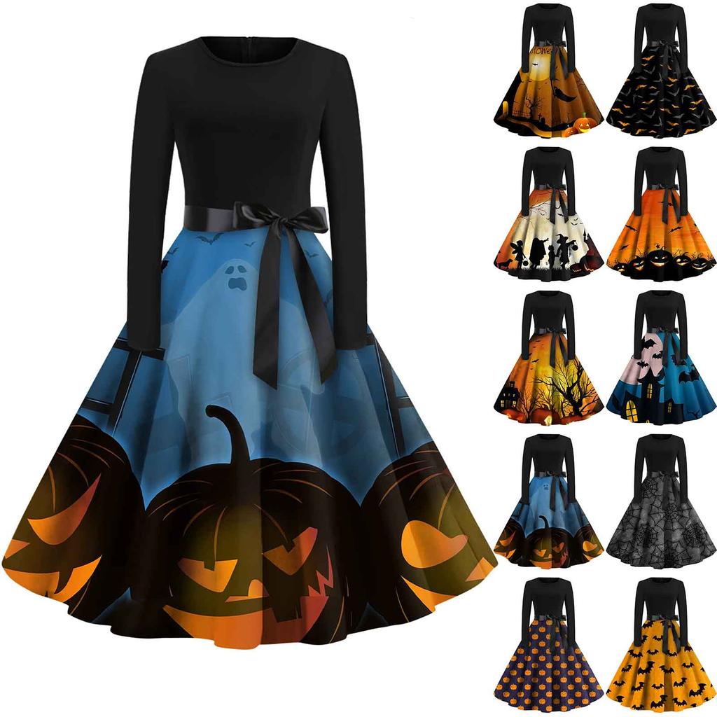 Women's Fashion Round Neck Casual Slim Fit Halloween Printed Long Sleeve Dress