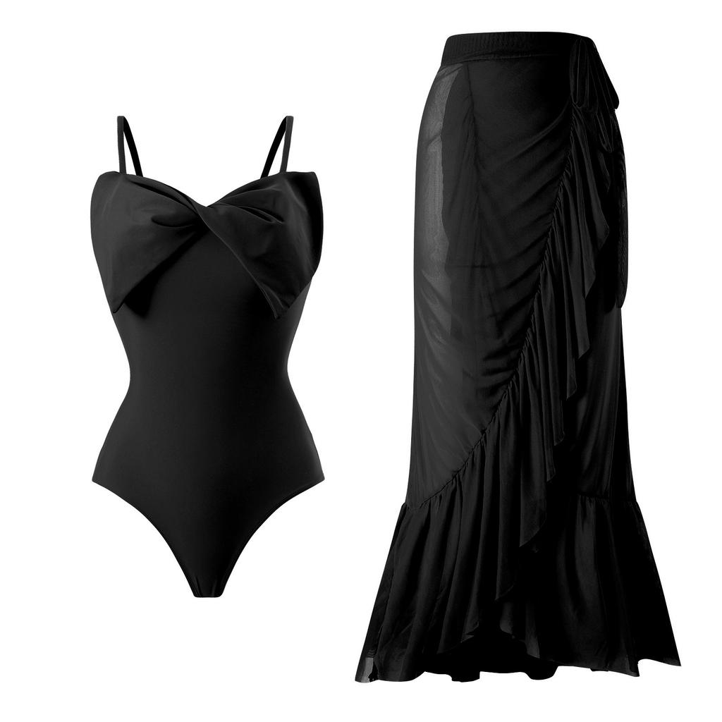 New Sexy One-piece Swimsuit Women Solid Color Bow Mesh Skirt Swimsuit Set