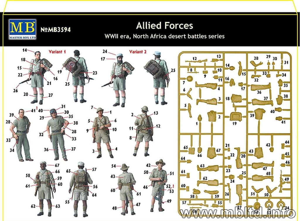 Master Box Североафриканские союзные войска, солдат 4 Британского Содружества, французская пехота 1 Американский танкист, пластиковая модель MB35094 1/35