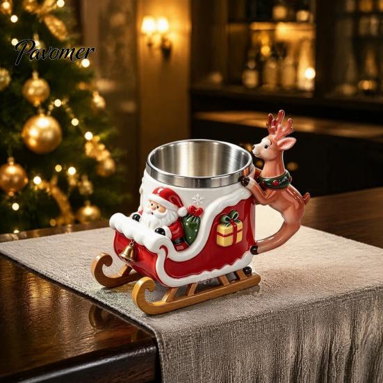 Winter Seasonal Drinkware Christmas Santa Claus Coffee Mug with Reindeer Handle, 300ml 3D Stainless Steel Liner Embossed Resin Holiday Cup for