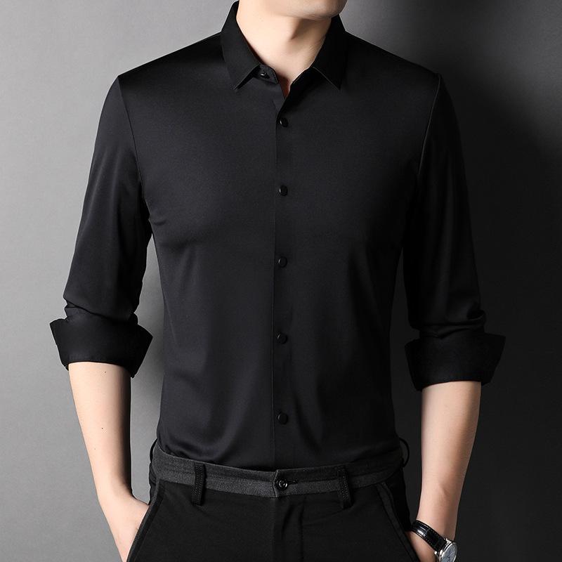 Осенний новый продукт мужская рубашка с длинными рукавами облегающая модная тенденция чистый цвет глажка бесплатная мужская эластичная рубашка