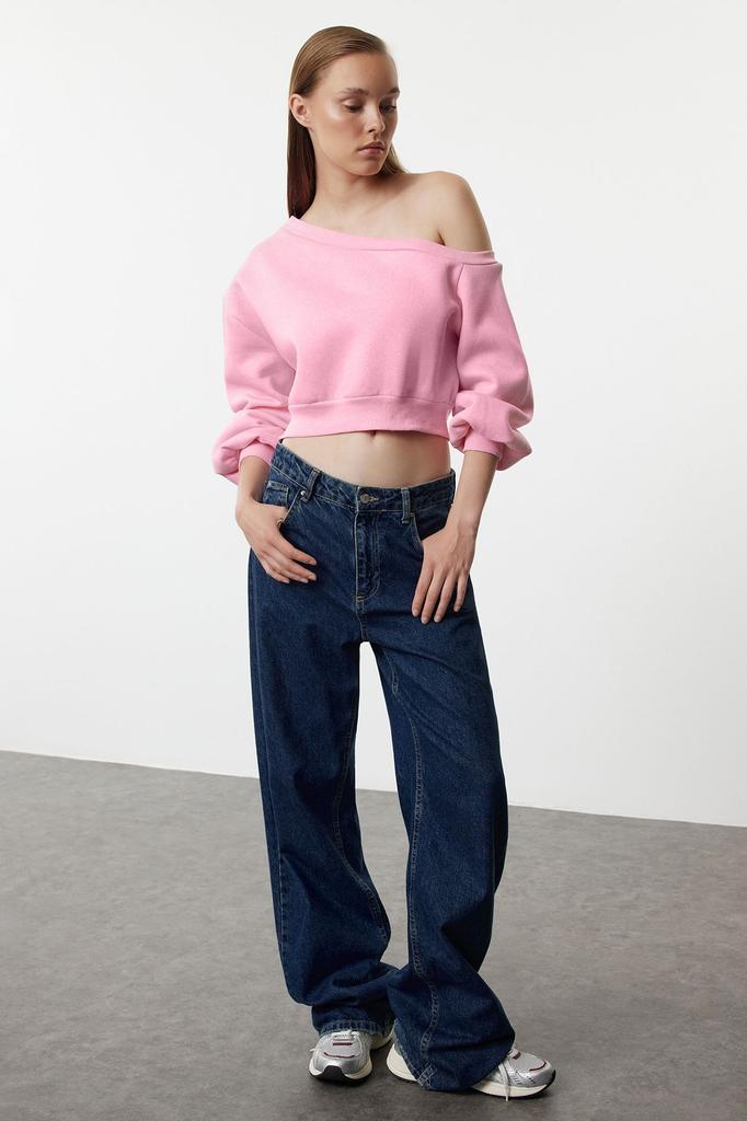 Women's Fashionable Stylish Sweatshirt Black Regular Fit Thick Inside Fleece Crop Asymmetrical Collar Knitted Sweatshirt