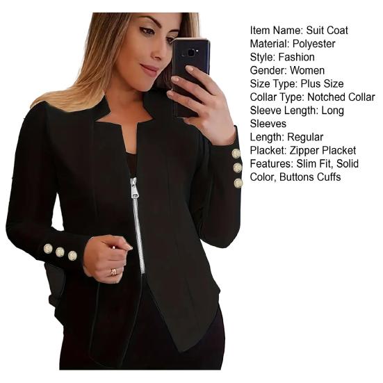 Весенне-осенний деловой костюм, пальто с зубчатым воротником и длинными рукавами на молнии, пиджак, однотонная приталенная верхняя одежда