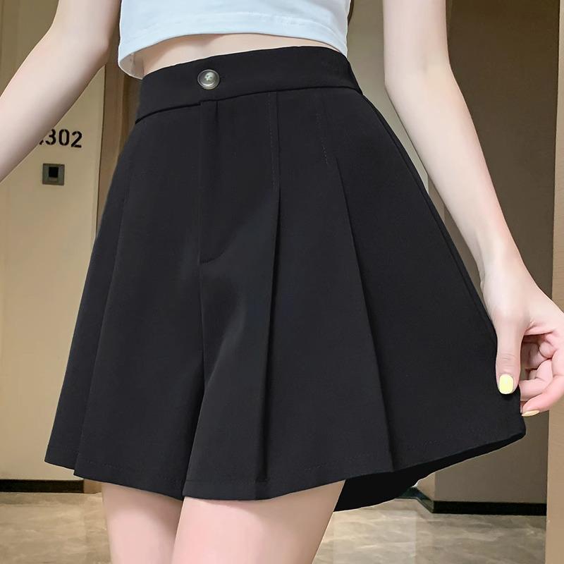Women's 2024 Summer Black Pleated Wide-Leg High-Waisted A-Line Shorts