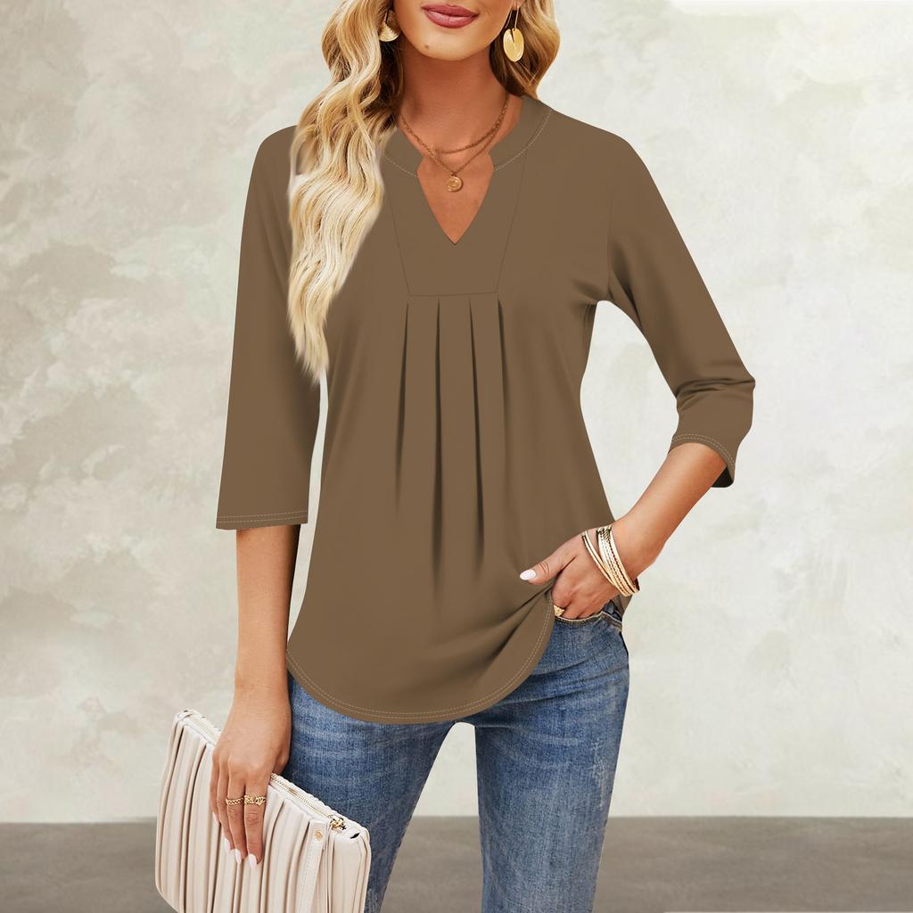 Women's Seven-quarter Sleeve Tops Casual V-neck Chest Ruffles Solid Color Loose T-shirt Tops