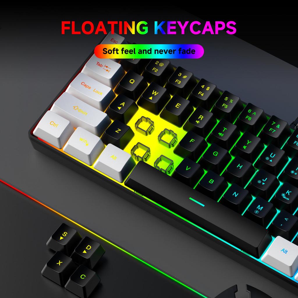 61-клавишный RGB проводной игровой комплект клавиатура и мышь, немеханическая мембранная, черно-белый, с семицветной мини-подсветкой