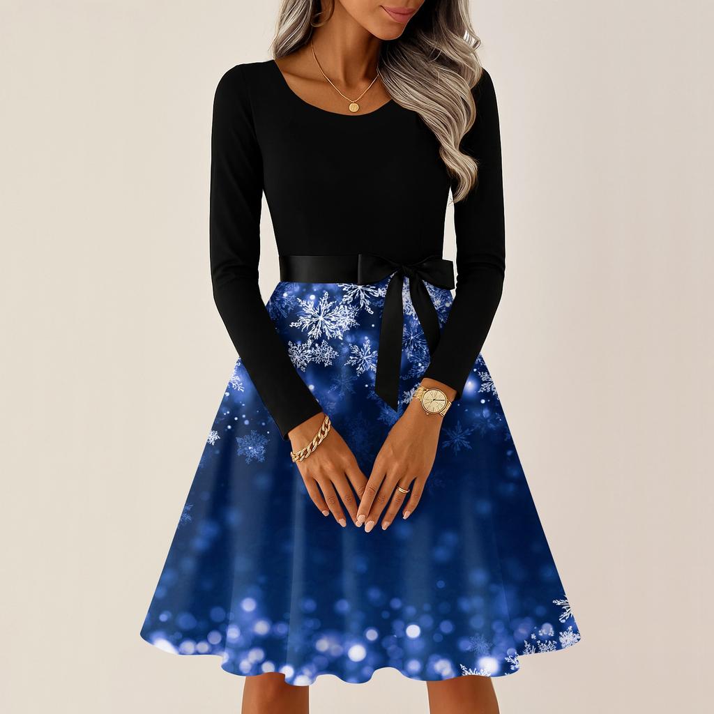 Women's Casual Fashion Round Neck Long Sleeve Christmas Printed Party Vintage Long Dresses