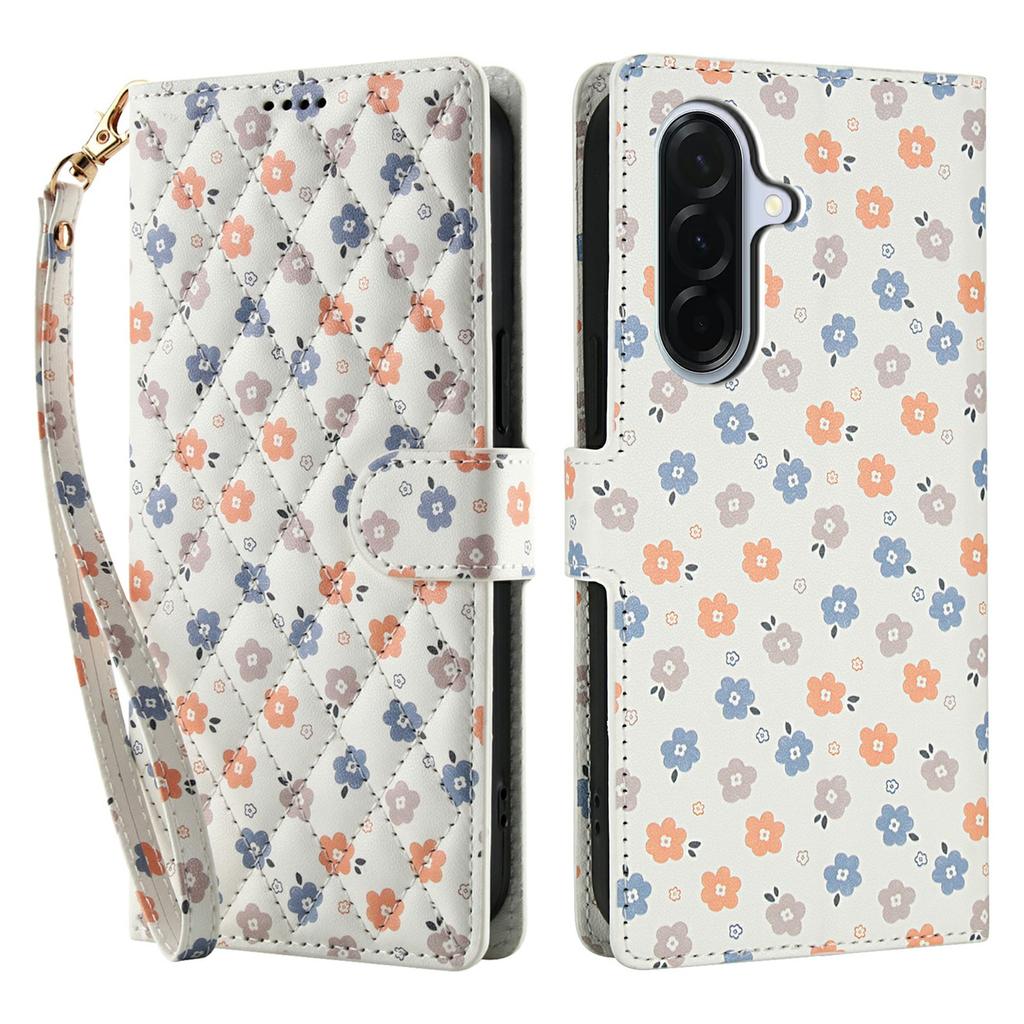 For Samsung Galaxy A36 5G/A56 5G Wallet Case Rhombic Floral Design Leather Flip Phone Cover with Strap