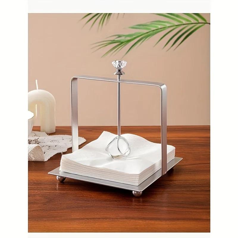 1pc Elegant Golden Stainless Steel Square Napkin Holder with Clear Crystal Accent,Freestanding Tissue Organizer for Bathroom