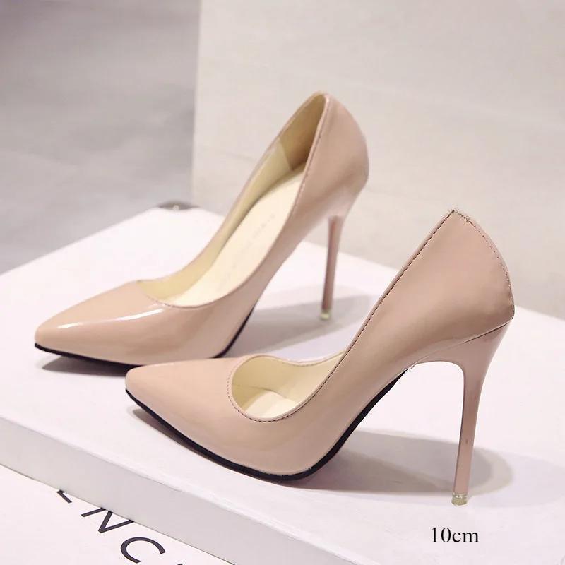 New Solid Color Pumps Women High Heel Shoes Female Fashion Patent Leather Sexy Pointed Toe Thin Heel Wedding Shoes Size 44